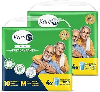 KareIn Classic Adult Diaper Pants, Medium 75-100 Cm (30"- 40"), 20 Count, Unisex, Leakproof, Elastic Waist, Wetness Indicator, Pack of 2