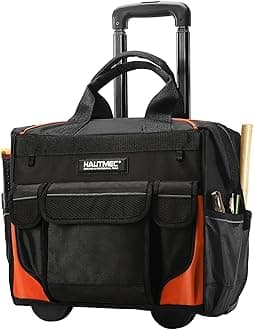HAUTMEC 14.5" Rolling Tool Bag on Wheels, Heavy-Duty Tool Bag with High-Density Oxford Fabric, Oversized Off-Road Wheels, Wide-Mouth Design, 25-Pocket, Double Zipper & Telescoping Handle - HT0353