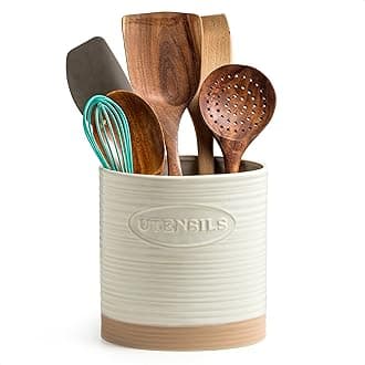 YHOSSEUNUtensil Holder for Kitchen Counter, Oval Utensil Crock Rustic Utensil Organizer for Countertop, 6.7" Ceramic Kitchen Tool Holder Two-tone Finish, Housewarming Cooking Gifts