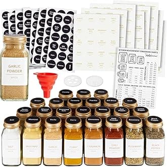 Talented Kitchen Spice Jars - 24-Pack 6 oz Glass Jars with Gold Shaker Lids - 328 Preprinted Labels & Silicone Funnel - Seasoning Organizer for Kitchen Storage