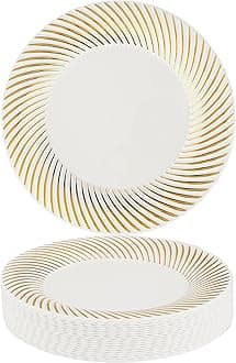 MATANA 100 Premium White Plastic Dessert Plates with Gold Rim, 18cm / 7 Inch - Elegant & Reusable Small Side Plates, Starter Plates for Weddings, Birthdays, Picnic, BBQ, Parties