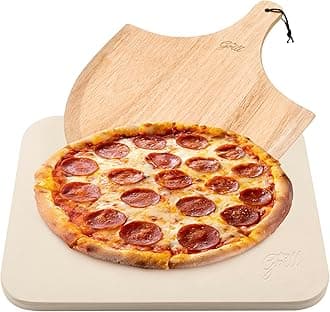 Hans Grill Pizza Stone Baking Stone for Pizzas use in Oven and Grill/BBQ Free Wooden Pizza Peel Rectangular Board 15 x 12 Inches Easy Handle Baking | Bake Grill, for Pies, Pastry Bread, Calzone