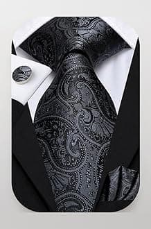 Hi-Tie New Classic Black Paisley Necktie Woven Silk Tie Hanky Cufflinks set