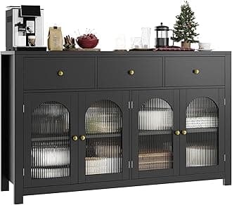 Buffet Cabinet with Storage, 55.1" Large Sideboard Buffet Farmhouse Kitchen Cabinet with 3 Drawers and 4 Doors, Wood Coffee Bar for Kitchen, Black