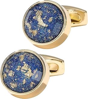 Polyhedral Blue/Black Gemstone Round Cufflinks for Men In Gift Case Golden/Silver Tone Unisex Cufflinks Jewelry Set for Wedding Party Anniversary Business Events Dress (Golden), 16mm/0.63 Inch