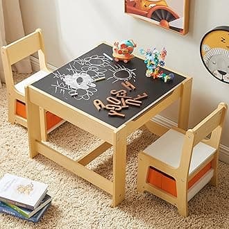 Kids Table and Chair Set, 3 in 1 Wooden Activity Table with Storage Drawer for Toddlers Drawing, Reading, Crafts, 2 in 1 Detachable Tabletop Table Set for Nursery, Playroom (Natural)