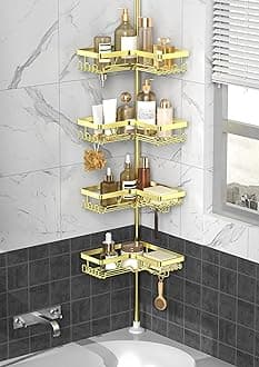 Corner Gold Shower Caddy Tension Pole - 4-Tier Rustproof Shower Rod Organizer, Floor to Ceiling Tension Rod 25-114.2 inch, Stainless Steel Corner Shower Shelf, Waterproof