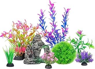 Ameliade Aquarium Decorations Fish Tank Artificial Plastic Plants & Cave Rock Decor Set, Goldfish Betta Fish Tank Accessories Small Large Fish Bowl Decorations
