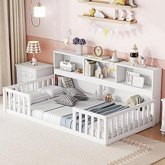 Bellemave Kids Montessori Floor Bed,Twin Size Floor Bed with Bookcase and Shelves,Twin Bed Frame with Guardrails for Kids,Girls,Boys(Twin,White)