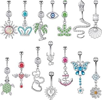 15PCS 14G Stainless Steel Belly Button Rings for Women with AAA Cubic Zirconia