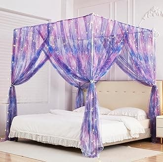 Mengersi Tie Dye Canopy Bed Curtains with Lights,Gradient Ombre Bed Canopy for Girls,Princess Bed Drapes for Girls Room Decor(Queen,Purple)