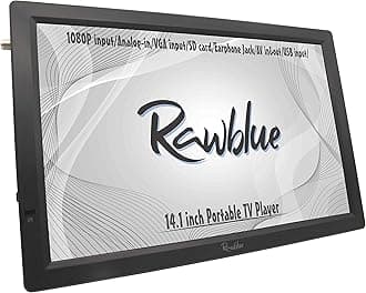Rawblue 14 Inch Portable Digital ATSC TFT HD Screen Freeview LED TV for Car,Caravan,Camping,Outdoor or Kitchen.Built-in Battery Television/Monitor with Multimedia Player Support USB/FM