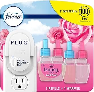 Air Freshener Plug In, Wall Diffuser, Plug in Air Fresheners for home, Downy April Fresh Scent, Odor Fighter for Strong Odors, 1 Warmer + 2 Oil Refills