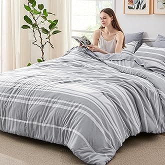 Bedsure King Comforter Set 7 Pieces, Grey Striped Bedding Set for All Seasons, Reversible, Cationic Dyeing Bed in a Bag with Comforter, Sheets, Pillowcases & Shams