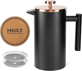 MiulyCafetière 1000ml, 8 Cup Stainless Steel French Press Coffee Maker, Double-Walled Insulated French Press for Home and Office, With 2 Extra Filter and Coaster Mat (34oz, Black)