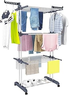 HOMIDEC Clothes Airer Large Foldable 4 Tier Indoor Outdoor Stainless Steel Adjustable Clothes Airer for Bedding Clothes Socks Scarves (Grey)