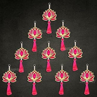 Divyakosh Fabric and Beads Lotus Hangings, Pack of 10 | Pink | Decoration Home Decor Wall Door Mandir Pooja Room, Pink Lotus Tassel Wall Hanging, Wedding Backdrop Decorative, Size - 9 Inch