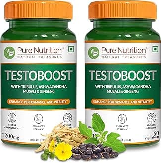 Pure Nutrition Testosterone Supplement for Men with Tribulus, Gokshura, Ashwagandha, Safed Musali, Kaunch Beej & Ginseng, Supports Energy, Stamina & Strength, 120 Veg Tabs (60 x 2)