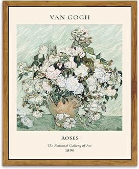 KBKBART Sage Green Framed Canvas Wall Art, Abstract Van Gogh Wall Art Exhibition Posters, Vintage Flower Art Prints Painting, Retro Boho Green Wall Decor for Aesthetic Bedroom Bathroom Decor(8"x10")
