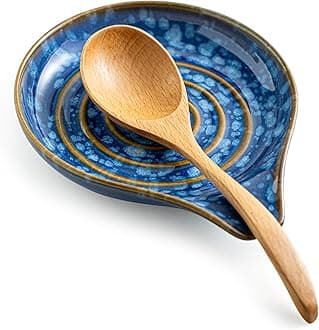 LAUCHUH Spoon Rest for Stove Top - 5” Ceramic Spoon Holder Stylish Utensil Holder for Kitchen Countertops, Ladle, Coffee Spoons, Cooking spoons, Spatula, Tongs, Heat-Resistant, Blue and White