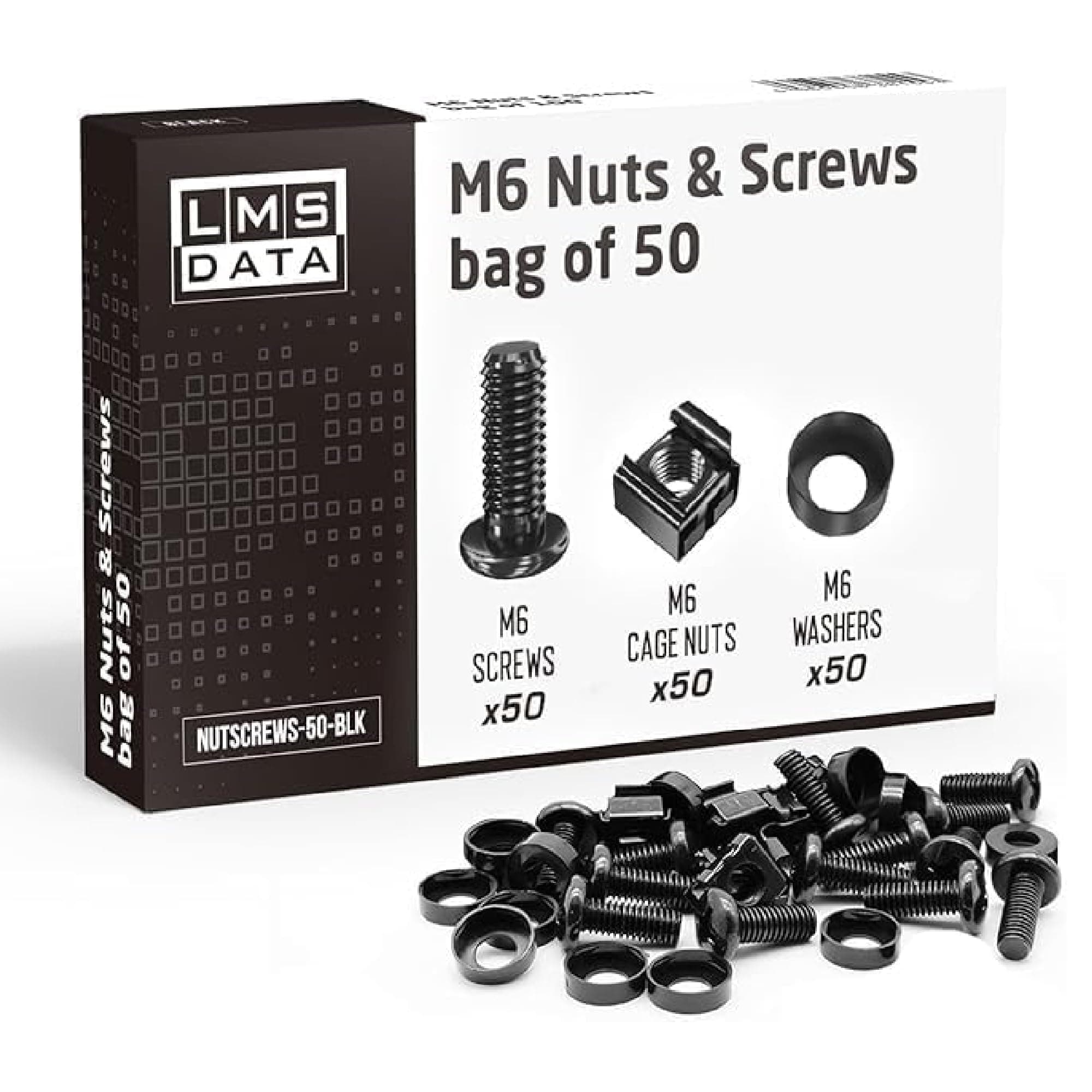 LMS Data M6 Cage Nuts and Screws - Panel Rack Mount Equipment for Rack Mount Server 19x10 inch Cabinet, Patch Panel, Server Shelves Fixing and Installation - Black 50-Pack Rack Screws and Cage Nuts