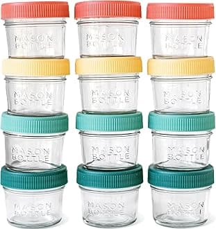 MASON BOTTLE - Glass Mason Jars for Breast Milk Storage - Wide easy to clean design, dishwasher and Freezer safe (4 oz Jars (Set of 12))