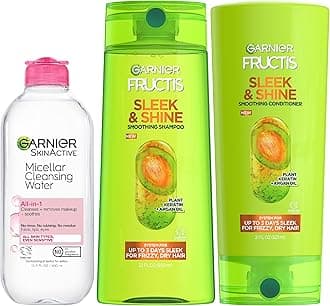 Garnier Back to School Bundle|Micellar Water (400mL) + Fructis Sleek & Shine Shampoo (22 Fl Oz), Conditioner (21 Fl Oz) (3 Items), 1 Kit (Packaging May Vary)