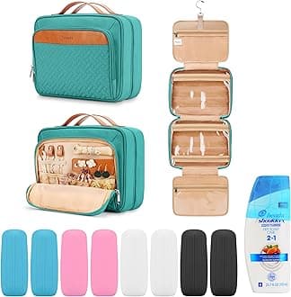 Travel Hanging Toiletry Bag for Women and Men, with 8 Leak Proofing Silicone Bottle Covers, Waterproof Makeup Accessories, Cosmetic Essentials, Toiletries Dopp Kit Set with Jewelry Organizer, Blue