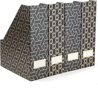 Set of 4 Elegant Black and Gold Geometric File Holders with Gold Label Holders for Desk or Bookshelf - Perfect for Classroom, Home & Office, Organization & Storage and