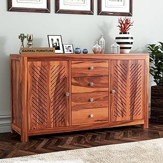 Solid Sheesham Wood Wooden Sideboard Storage Cabinet : Ideal for Living Room and Bedroom with 4 Drawers and 4-Shelf Storage(Ferna, Honey Finish)