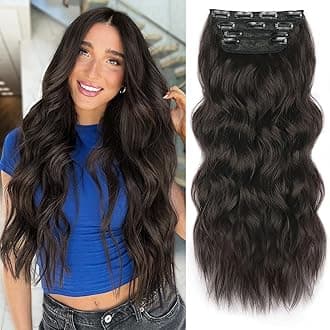ALXNAN Clip in Long Wavy Synthetic Hair Extension 20 Inch Dark Brown 4PCS Thick Hairpieces Fiber Double Weft Hair for Women
