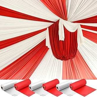 Moukeren Plastic Table Cover Roll Disposable DIY Tablecloth Roll Carnival Tent Party Supplies for Big Top Tent Backdrop Curtains Patriotic Ceiling Walls Drapes (White, Red,54'' X 66')