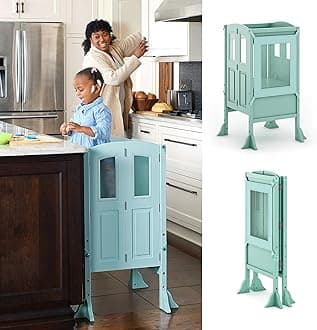 Martha Stewart Kitchen Helper® Stool by Guidecraft with 2 Keepers - Mint: Kids Wooden Kitchen Furniture, Adjustable Height Step Stool for Toddlers