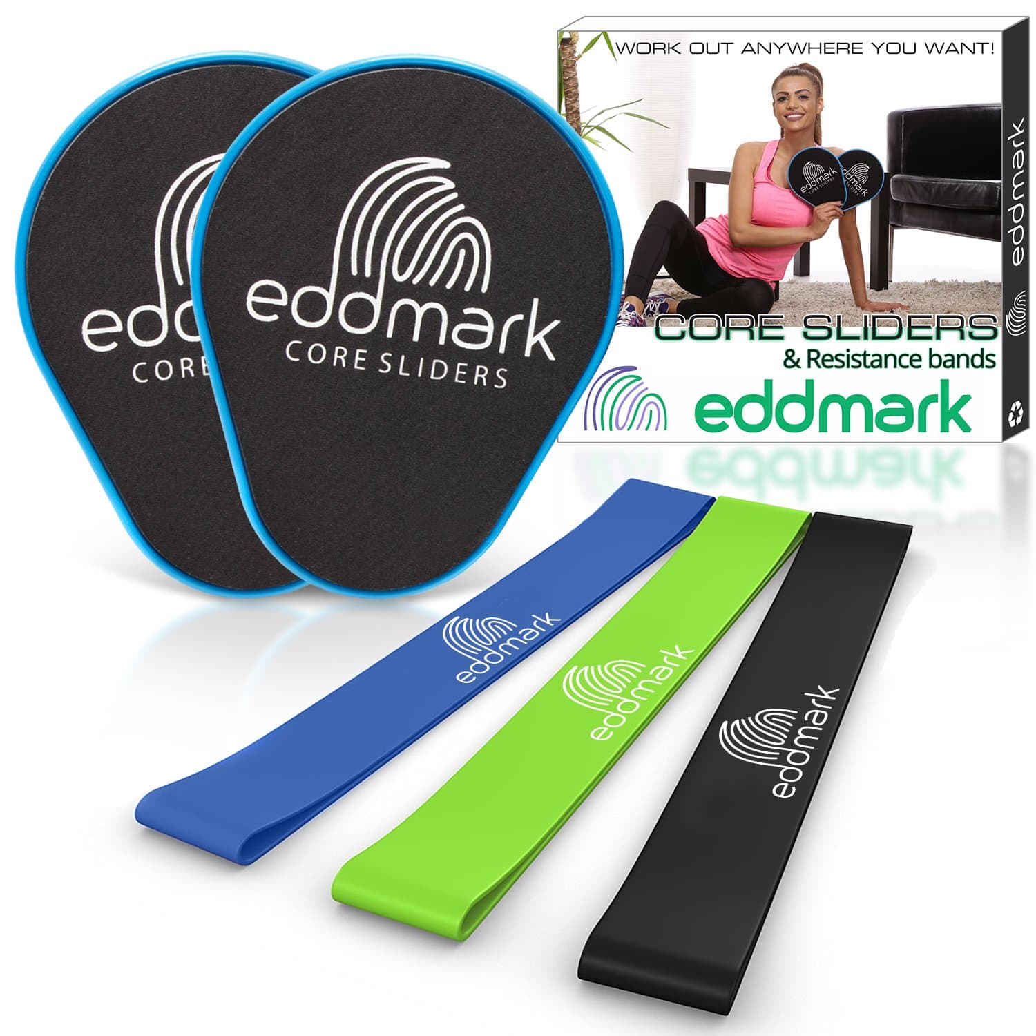 EddMark Professional Core Exercise Sliders - Dual Sided Gliding Discs Set of 2 - Resistance Bands Set of 3 - Home and Gym Fitness Equipment for Abs and Full Body Exercises