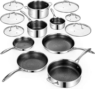 13 Piece Hybrid Ceramic Nonstick Stainless Steel Cookware Set-5 Piece Frying Pan Set, 6 PC Pot Set, 3.7QT Deep Sauté Pan&Lid, Induction Ready, Stay Cool, PFOA Free Compatible with All Cooktops