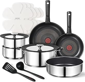 CAROTE 16pcs Stainless Cookware set with Temperature Spot, Removable Handle Pots and Pans Set Non Stick, Kitchen Cooking Set, Induction Cookware Set, RV Pot and Pan, Oven Safe, Black