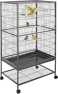 tectake® Large Bird Cage on Wheels with 2 Sliding Doors & Built-In Sand Tray, Incl. Feeding Station, Water Dispenser & 3 Perches, Ideal as Parrot, Canary, Cockatiel & Budgie Cage - 78 x 52 x 131 cm