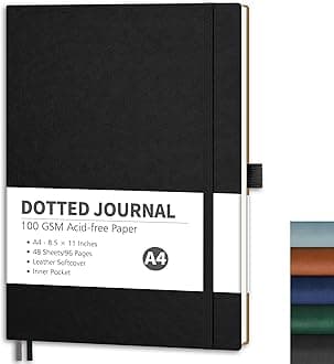 RETTACY Dotted Journal Notebook, 96 Pages, A4 Large Size (8.5'' x 11''), Leather Softcover, 100 GSM Thick Paper, for Journaling, Planning, Tracking (Black)
