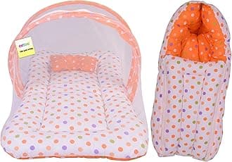 Babloo Baby Bed New Born Baby Bedding Set | Mosquito Net | Mattress | Carry Bag | Essentials Combo | Cotton | Infants | Boys & Girls (0-6 Months, Orange)