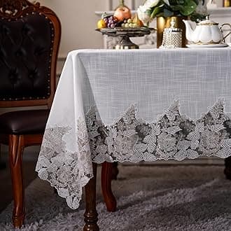 ARTABEL Cut Work Table Cloths with Lace Laser Die-Cut Exquisite Vintage Shabby Chic for Holiday Wedding Long Dinner Tables (Offwhite-1, 52 x 70 Inch)