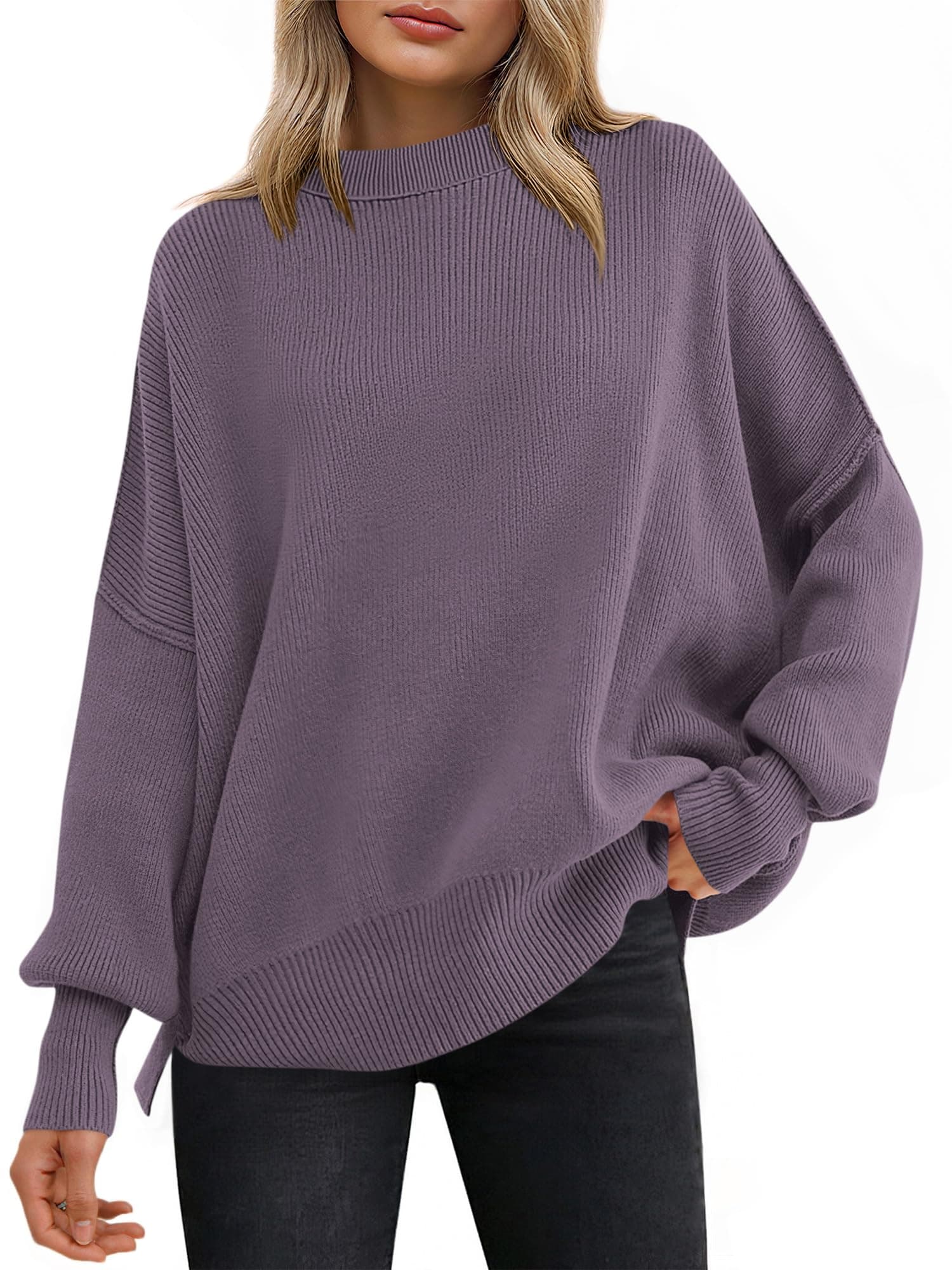 ANRABESS Women Oversized Sweaters Batwing Long Sleeve 2026 Fall Outfits Crewneck Casual Knit Side Slit Fashion Pullover Top
