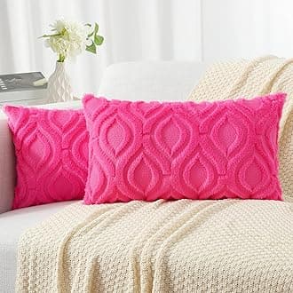 decorUhome Throw Pillow Covers 12x20 Inch Set of 2, Soft Plush Faux Wool Hot Pink Solid Couch Pillow Covers, Accent Farmhouse Neutral Square Pillow Cases for Sofa Bed Living Room Home Decor