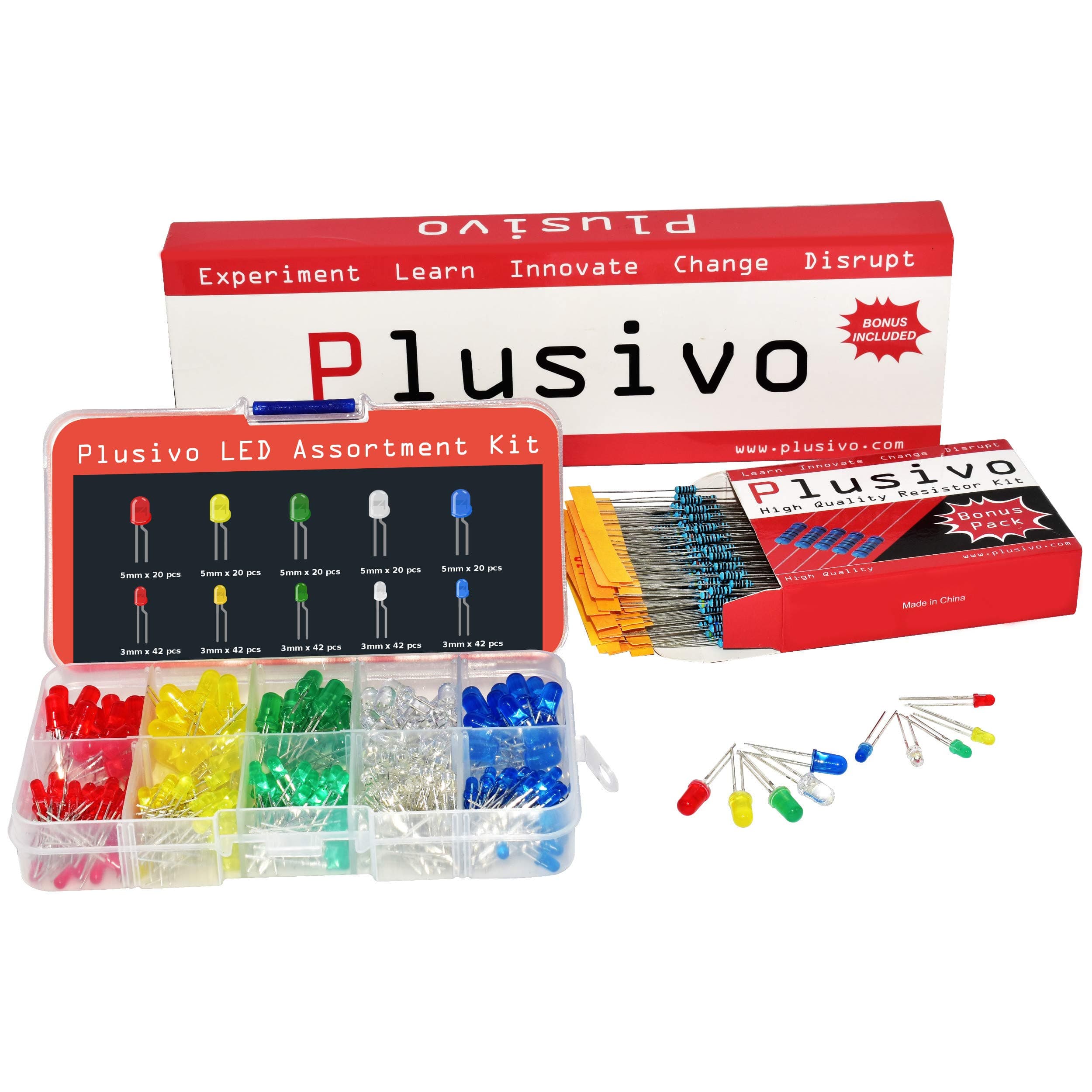 3mm and 5mm Diffused LED Light Emitting Diode Assortment Kit - Pack of Assorted Color Diffused LEDs (310pcs) and Resistors - Red, Yellow, Green, Blue and White LED Indicator Lights from Plusivo