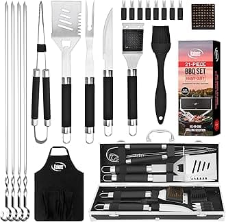 Kaluns Grilling Accessories, Dad Gifts for Fathers Day, Mothers Day Grilling Gifts, Heavy Duty Stainless Steel BBQ Tool Set for Outdoor Grill with Aluminum Case and Apron, Birthday Gifts for Men