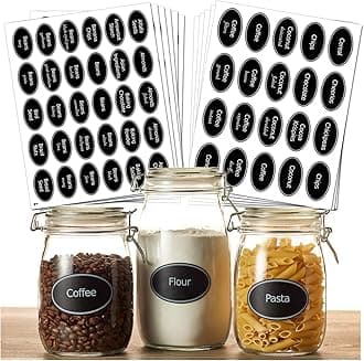 350 Preprinted Pantry Label Set, Heavyweight Vinyl Black Chalkboard, Oval Waterproof Stickers for Canisters, Kitchen Food Container, Large size 3” & Medium Size 2.5”, 33 Reusable Blank Labels Write-on