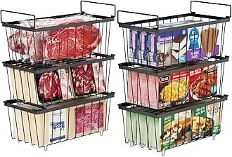 Ispecle Freezer Storage Bins - 6 Pack Small Stackable Deep Organizer For Most 7 Cu.Ft Chest Sort Frozen Food, Basket With Handles Easy To Get Food From Bottom, Black