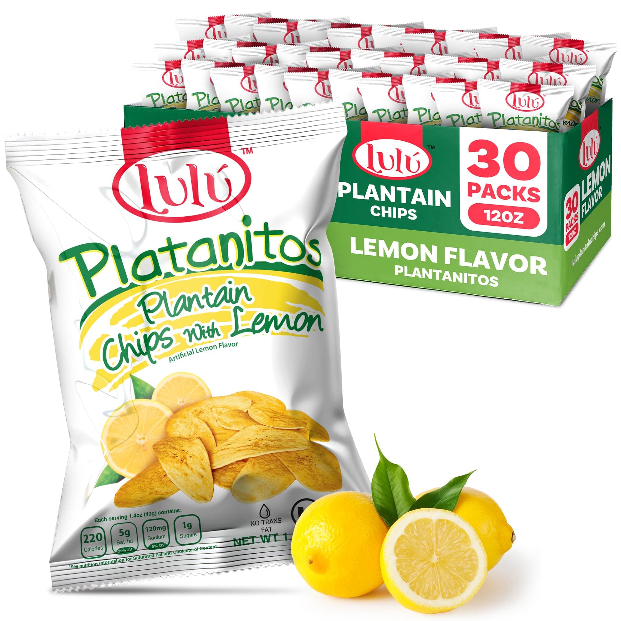 LULU Plantain Chips - Lemon Flavor, 30 Individual Bags (2.5 Oz Each) - Crunchy, Delicious, Gluten-Free Healthy Snacks - No Preservatives or Artificial Colors, Made from Sustainably Sourced Plantains