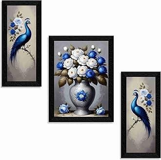 SAF flower with couple peacock Paintings for Wall Decoration - Set Of 3, 3d Painting for Living Room Large Size with Frames for Home Decoration, Hotel, Office painting 75 cm x 50 cm SAL36056