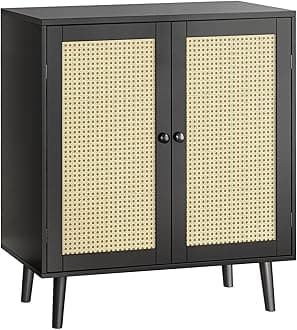 Huuger Buffet Cabinet with Storage, Storage Cabinet with Synthetic Rattan Decor Doors, Solid Wood Feet, for Hallway, Entry, Living Room, Black