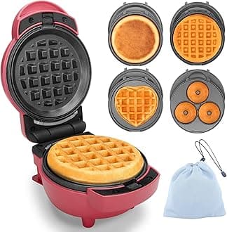 4 in 1 Mini Waffle Maker with Removable Plates, Set Includes Mini Pancake, Donut, Heart Shape Waffle Makers, Compact Size, Recipe Included, Red